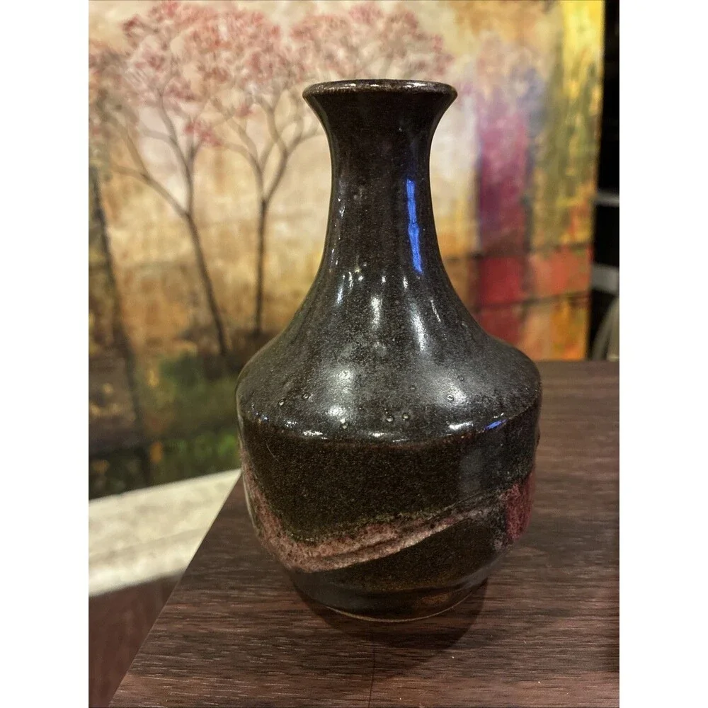 Vintage Signed Studio Pottery 1991 Tenmoku Stoneware Tokkuri Vase